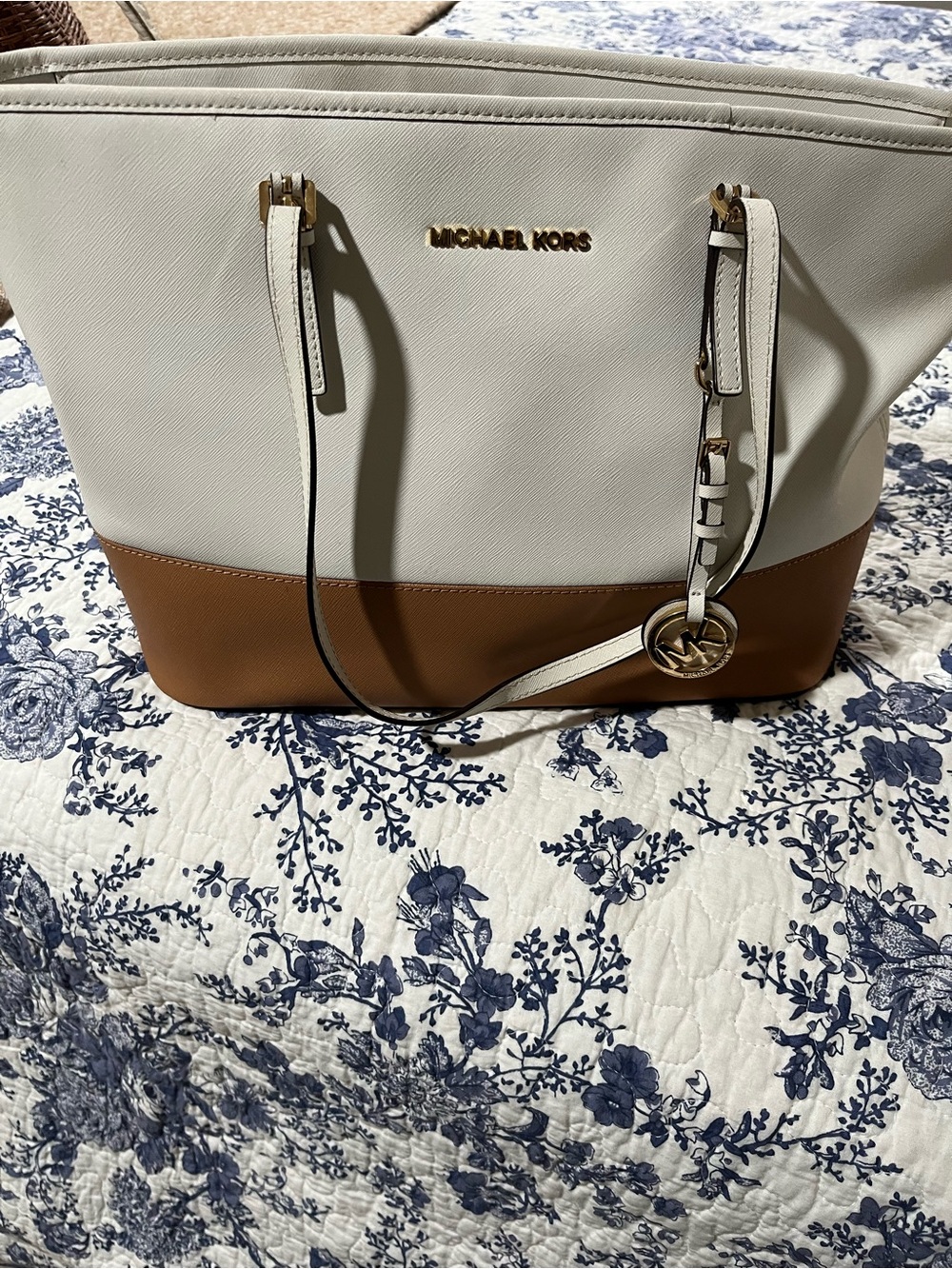 Michael Kors White and Brown Two-Tone Saffiano Tote